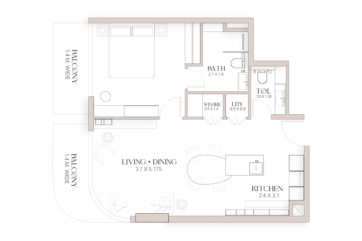 Luxor By Imtiaz Apartment floor plan layout featuring a living area, kitchen, bathroom, and balcony dimensions.